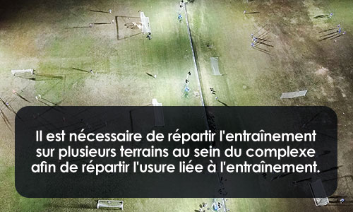 Il est nécessaire de répartir l'entraînement sur plusieurs terrains au sein du complexe afin de répartir l'usure liée à l'entraînement.