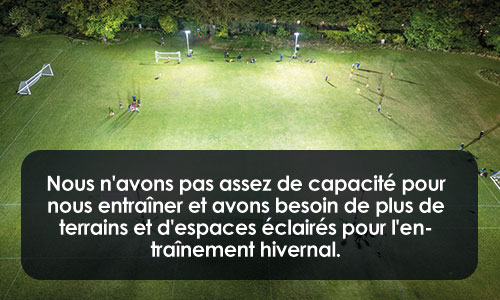 Nous n'avons pas assez de capacité pour nous entraîner et avons besoin de plus de terrains et d'espaces éclairés pour l'entraînement hivernal.